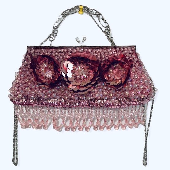 Handbags - Pink Beaded Evening Bag - Floral Motif.